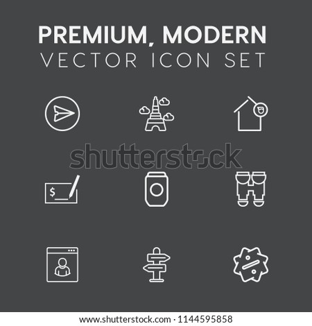 Modern, simple vector icon set on dark grey background with owner, aluminum, landmark, french, phone, vision, pen, architecture, home, male, mortgage, apartment, discount, france, profile, house icons