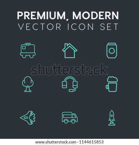Modern, simple vector icon set on dark grey background with bus, jet, pub, cell, nature, environment, highway, terminal, airplane, aircraft, container, smartphone, journey, move, baggage, travel icons