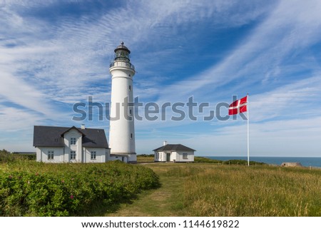 Historical Hirtshals lighthouse on the coast of Skagerrak Royalty-Free Stock Photo #1144619822