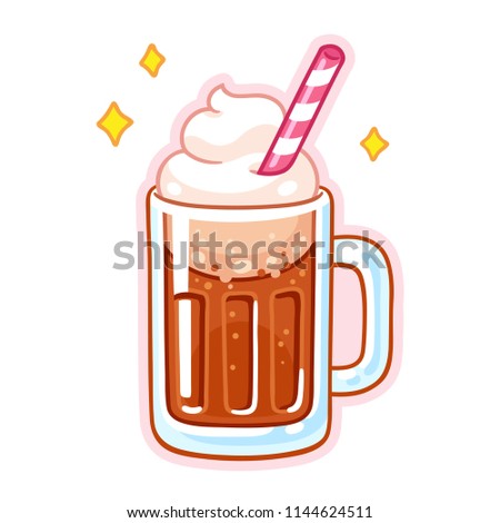 Cute cartoon root beer float illustration. Mug of root beer with ice cream, whipped cream and drinking straw.
