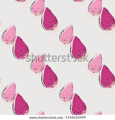 Seamless pattern with beauty blender. Vector fashion illustrations with watercolor style paint splashes. Stylish graphic on white background. Design for logo, t shirt and uniform for beauty salon.