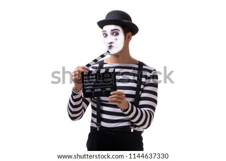 Mime with movie clapperboard isolated on white