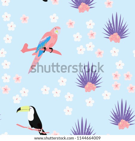 Tropical seamless pattern with a parrot, toucan and tropical flowers and leaves.