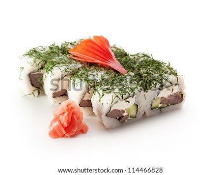 Green Maki Sushi - Roll made of Meat, Cream Cheese and Cucumber inside. Topped with Dill