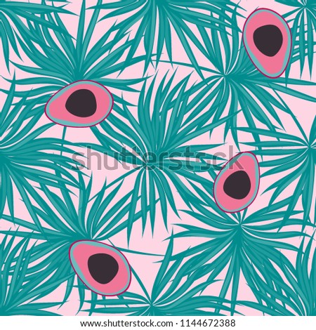 Tropical seamless pattern with avocado and leaves. Pattern for kitchen, covers and fabric.