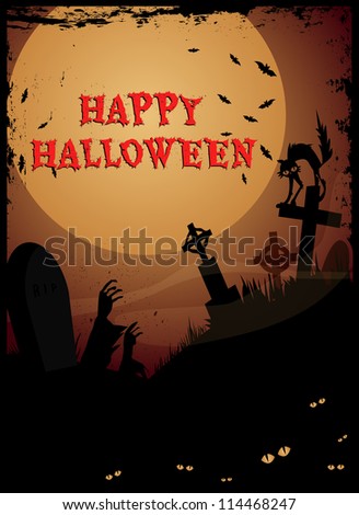 Halloween graveyard/Night at graveyard with tombstones, zombie hands and cat,Happy Halloween text