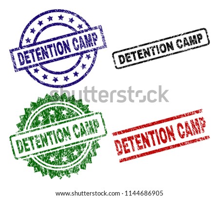 DETENTION CAMP seal stamps with corroded texture. Black, green,red,blue vector rubber prints of DETENTION CAMP text with dust texture. Rubber seals with round, rectangle, medallion shapes.