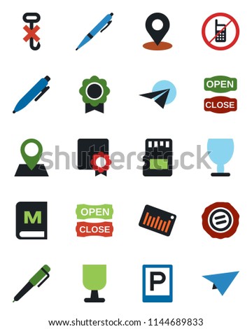 Color and black flat icon set - parking vector, no mobile, pen, stamp, pin, fragile, hook, barcode, sd, place tag, sertificate, menu, open close, paper plane
