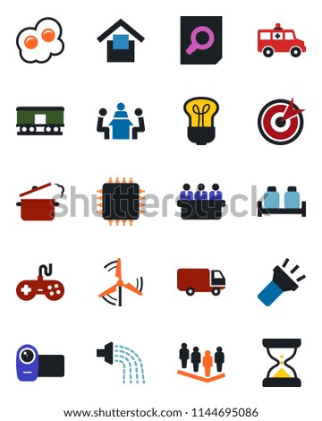 Color and black flat icon set - team vector, document search, meeting, watering, ambulance car, delivery, warehouse storage, railroad, gamepad, video camera, torch, windmill, salt and pepper, chip