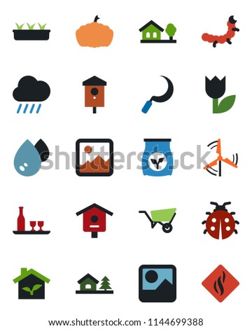 Color and black flat icon set - wheelbarrow vector, lady bug, seedling, rain, sickle, pumpkin, caterpillar, bird house, fertilizer, tulip, gallery, with tree, windmill, alcohol, eco, water