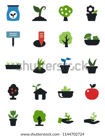 Color and black flat icon set - flower in pot vector, seedling, tree, sproute, plant label, fertilizer, fruit, salad, apple, eco house, palm