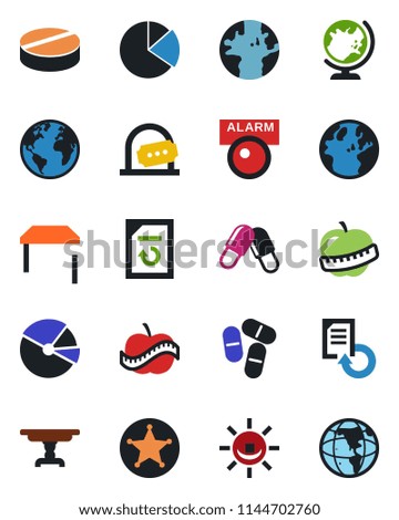 Color and black flat icon set - ticket office vector, globe, document reload, pills, diet, earth, pie graph, table, police, alarm led