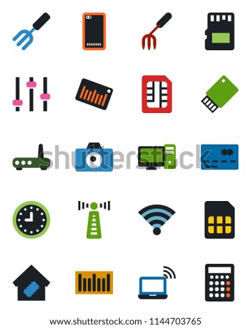 Color and black flat icon set - antenna vector, credit card, wireless notebook, camera, garden fork, clock, barcode, phone back, tuning, sd, sim, smart home, router, pc, usb flash, calculator