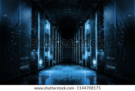technological background on servers in data center, futuristic design. Server room represented by several server racks with strong dramatic light. Royalty-Free Stock Photo #1144708175