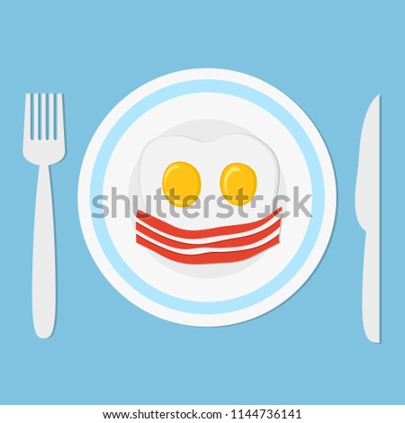 Two fried eggs and bacon on plate with fork and knife like breakfast concept, stock vector illustration