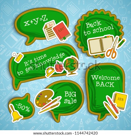 Back to school stickers set with paper supplies on line icons seamless pattern vector illustration