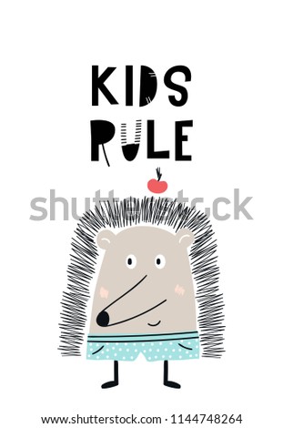 Kids rule - cute hand drawn nursery poster with cool hedgehog animal with apple and hand drawn lettering. Vector illustration in scandinavian style.
