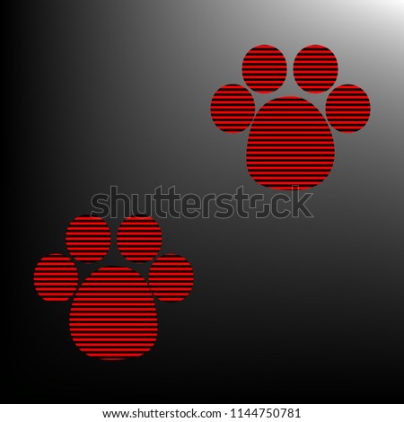 Animal footprint sign illustration. Vector. Striped red and black icon at gradient blackish background. Zebra.
