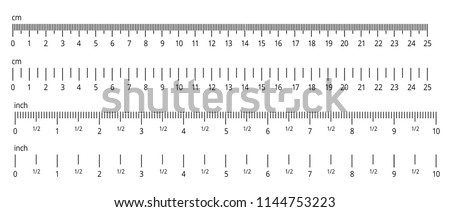 Inch and metric rulers. Centimeters and inches measuring scale cm metrics indicator. Precision measurement centimeter icon tools of measure size indication ruler tools. Vector isolated set Royalty-Free Stock Photo #1144753223
