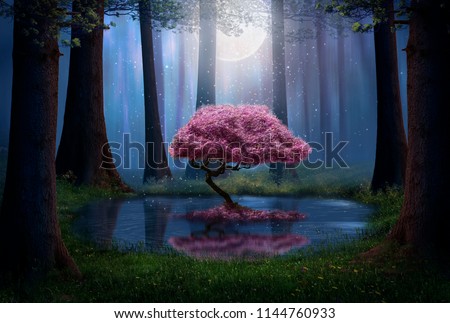 Pink tree and pond in the forest at night. Photomanipulation. Royalty-Free Stock Photo #1144760933