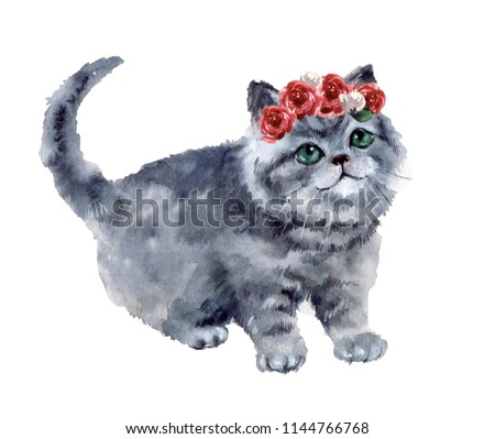 Watercolor cute cat with flowers