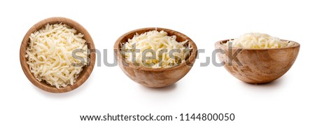bowls with grated mozzarella cheese isolated on white background Royalty-Free Stock Photo #1144800050