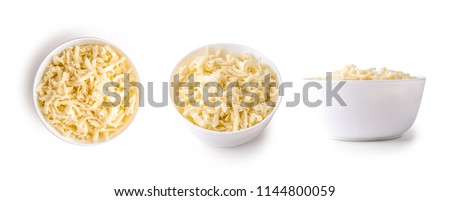 bowl of grated mozzarella cheese isolated on white background Royalty-Free Stock Photo #1144800059