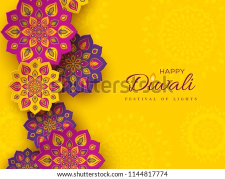 Diwali festival holiday design with paper cut style of Indian Rangoli. Purple color on yellow background. Vector illustration. Royalty-Free Stock Photo #1144817774