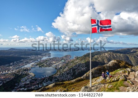 Two Female Friend Waiting for Sunset at Floyen Mountain, Bergen, Norway Royalty-Free Stock Photo #1144822769