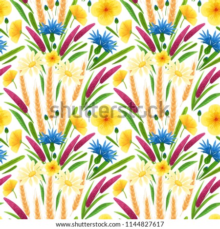 Wildflowers seamless pattern from meadow flowers bouquet. Cornflowers, chamomile, yellow and purple flowers, spikelets with green leaves seamless texture on a white background. Textile, fabric patter