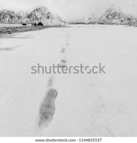 Footprints on snow of Norwegian beach. Black-white photo.