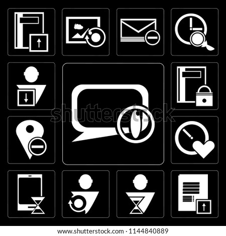 Set Of 13 simple editable icons such as Speech bubble, Notepad, User, Smartphone, Stopwatch, Placeholder, Notebook, User on black background