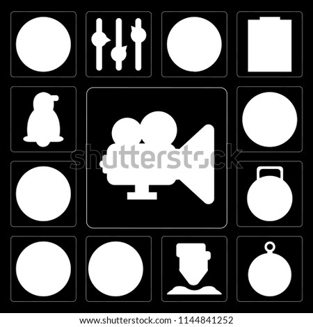 Set Of 13 simple editable icons such as Video player, Compass, User, Add, Back, Locked, Upload, Frame, Notification on black background