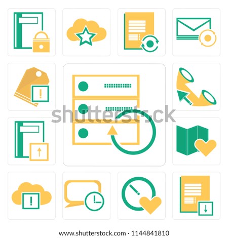 Set Of 13 simple editable icons such as Server, Notepad, Stopwatch, Speech bubble, Cloud computing, Map, Notebook, Phone call, Price tag, web ui icon pack
