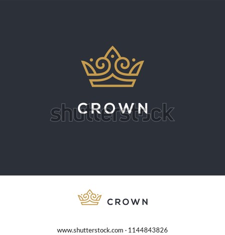 Linear elegant crown icon. Hotel, boutique, spa logo. Royal, luxury vintage symbol in golden color.