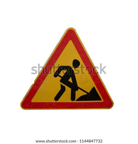 Warning sign road works on white isolated background.