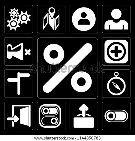 Set Of 13 simple editable icons such as Percent, Switch, Upload, Exit, Compass, , Add, Mute on black background