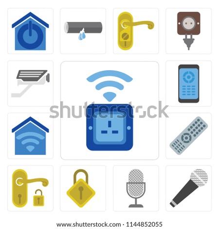 Set Of 13 simple editable icons such as Socket, Microphone, Voice control, Locking, Handle, Remote, Smart home, Cctv, web ui icon pack