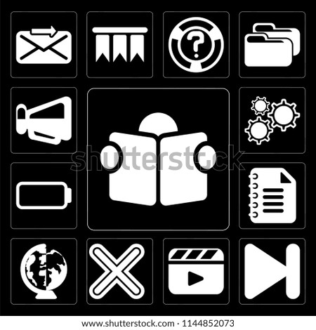 Set Of 13 simple editable icons such as Reading, Next, Video player, Multiply, Worldwide, Notepad, Battery, Settings, Megaphone on black background