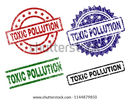 TOXIC POLLUTION seal prints with corroded texture. Black, green,red,blue vector rubber prints of TOXIC POLLUTION tag with corroded texture. Rubber seals with circle, rectangle, medallion shapes.