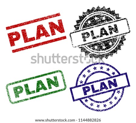 PLAN seal prints with corroded style. Black, green,red,blue vector rubber prints of PLAN tag with dirty style. Rubber seals with round, rectangle, rosette shapes.