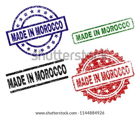MADE IN MOROCCO seal imprints with damaged style. Black, green,red,blue vector rubber prints of MADE IN MOROCCO title with scratched style. Rubber seals with round, rectangle, medallion shapes.