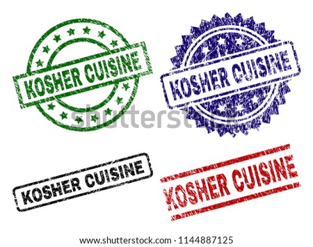 KOSHER CUISINE seal prints with distress texture. Black, green,red,blue vector rubber prints of KOSHER CUISINE text with dirty texture. Rubber seals with round, rectangle, medal shapes.