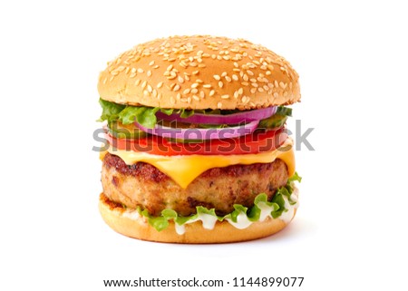 Juicy cheeseburger on white Royalty-Free Stock Photo #1144899077