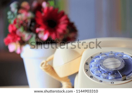 Close-up of old antique phone in living room Small flower pot is the background selective and shallow depth of field