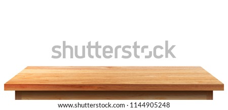 Empty wooden tabletop isolated on white background. For your product placement or montage with focus to the table top in the foreground. Empty pine wooden shelf. shelves Royalty-Free Stock Photo #1144905248