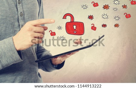 Unlock theme with man holding a tablet computer