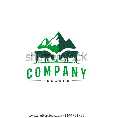 cattle logo vintage emblem feeders in green color with mountain and cow for design inspiration 