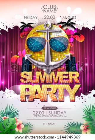 Disco background. Disco ball summer beach party poster
