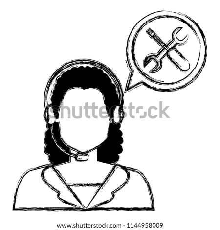 call center woman with speech bubble and tools